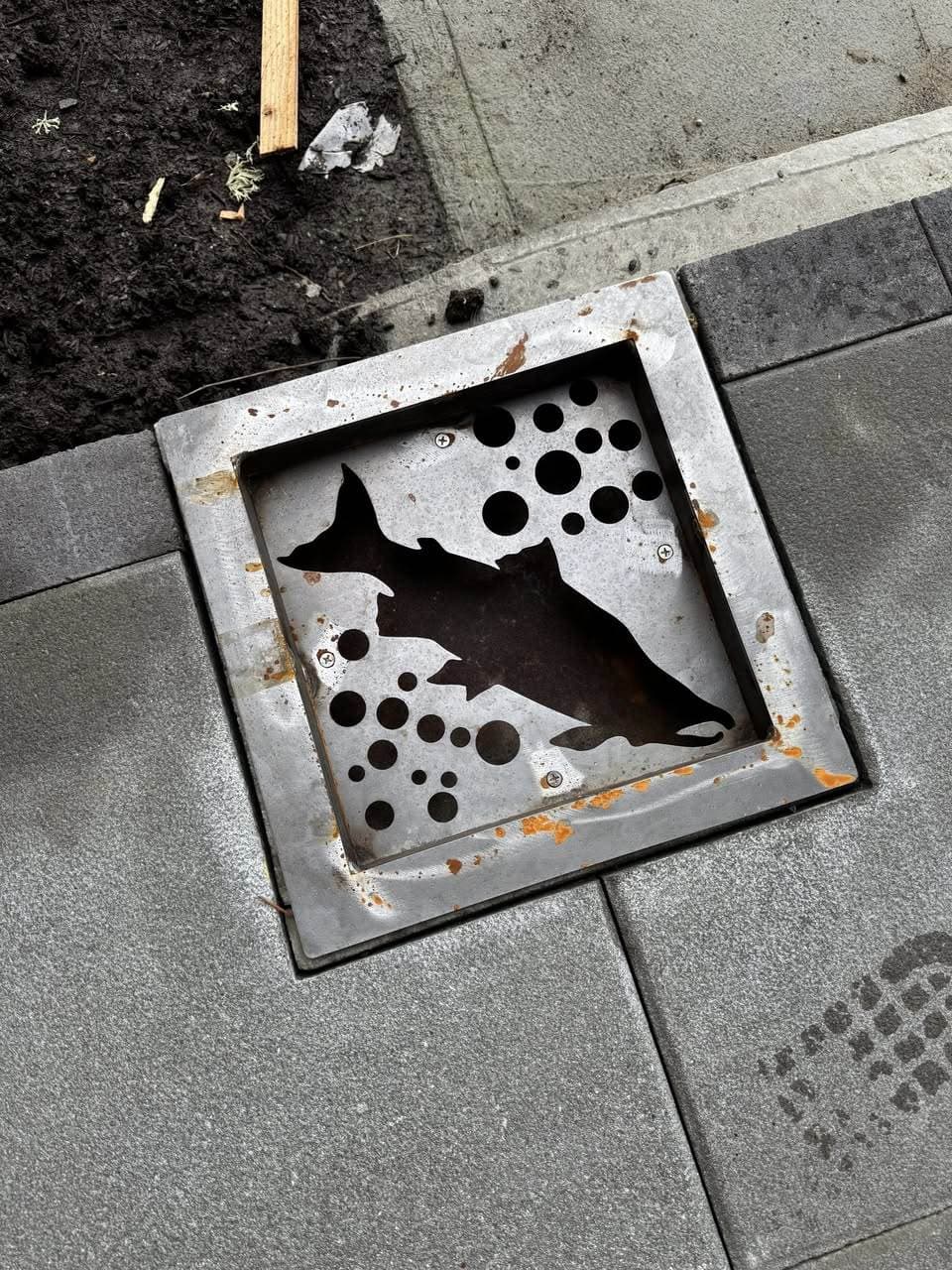 Custom steel storm drain grate cut with a salmon silhouette and bubble pattern, set into a paver walkway.